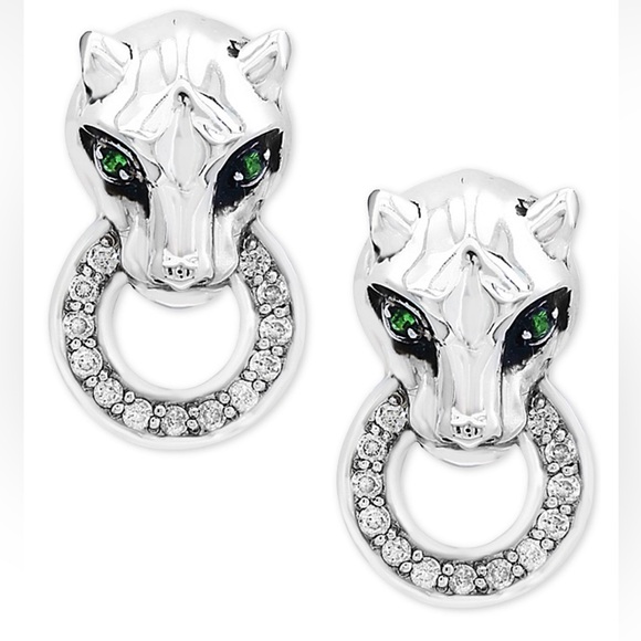 Effy Silver & Diamond Panther Earrings w/Tsavorite Garnet eyes  - NWOT 💚🩶